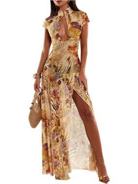 Floral Animal Print Maxi Dress for Women | Sheer Long Summer Dress